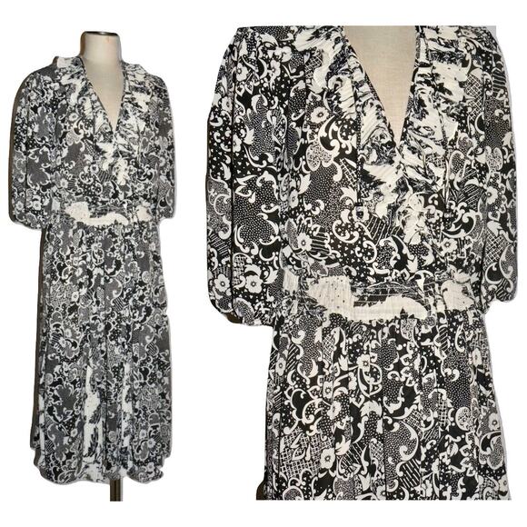Vintage Susan Freis Georgette Graphic Print Midi Dress | Black & White | M/L - Picture 2 of 10